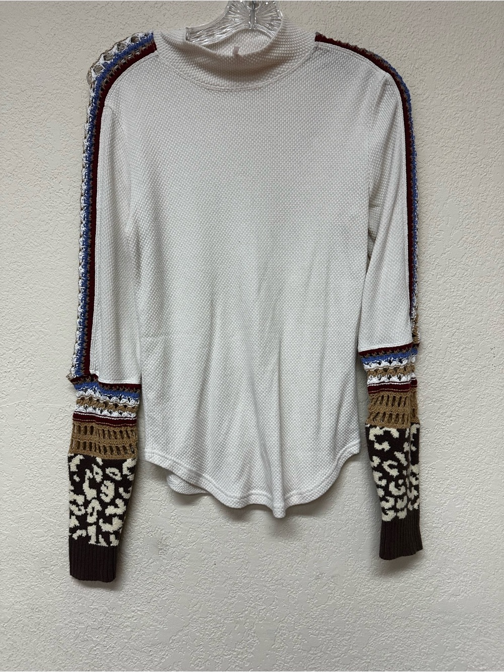 Free People boho alpine Turtleneck Top with Multicolor Crochet Sleeve Accents